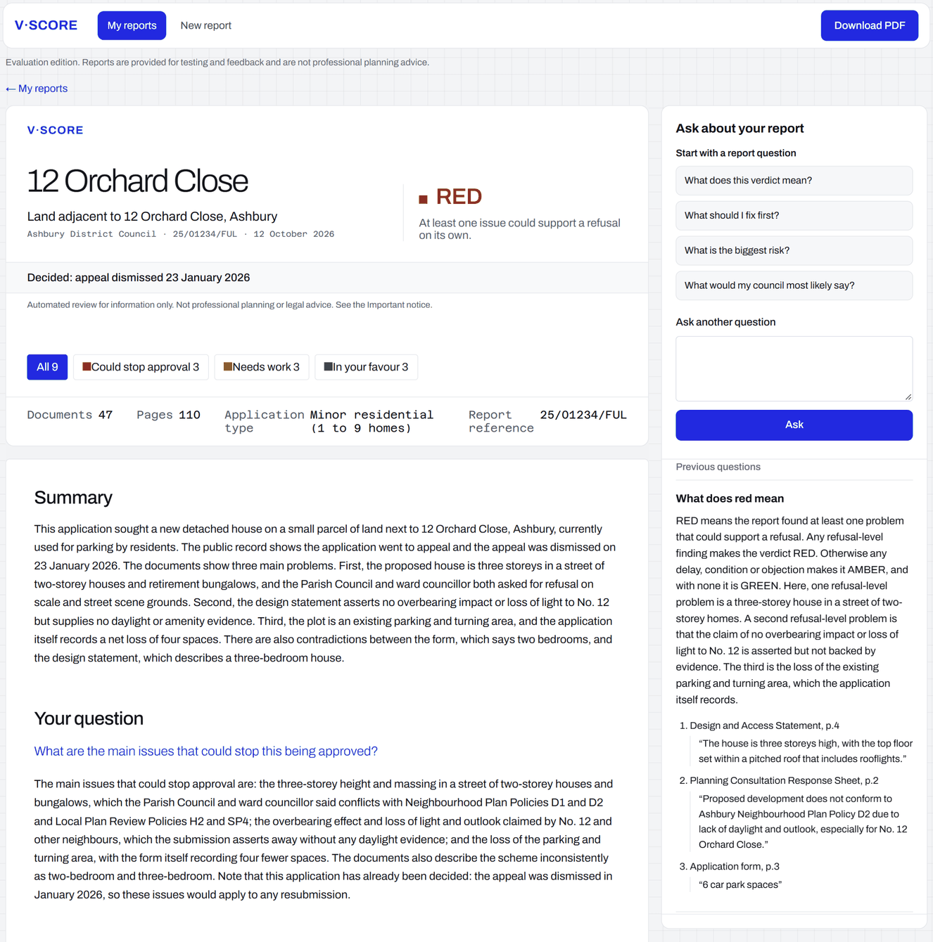 An example V-Score report showing the verdict, the decision found online, the issues by rating, and a question answered with page references.